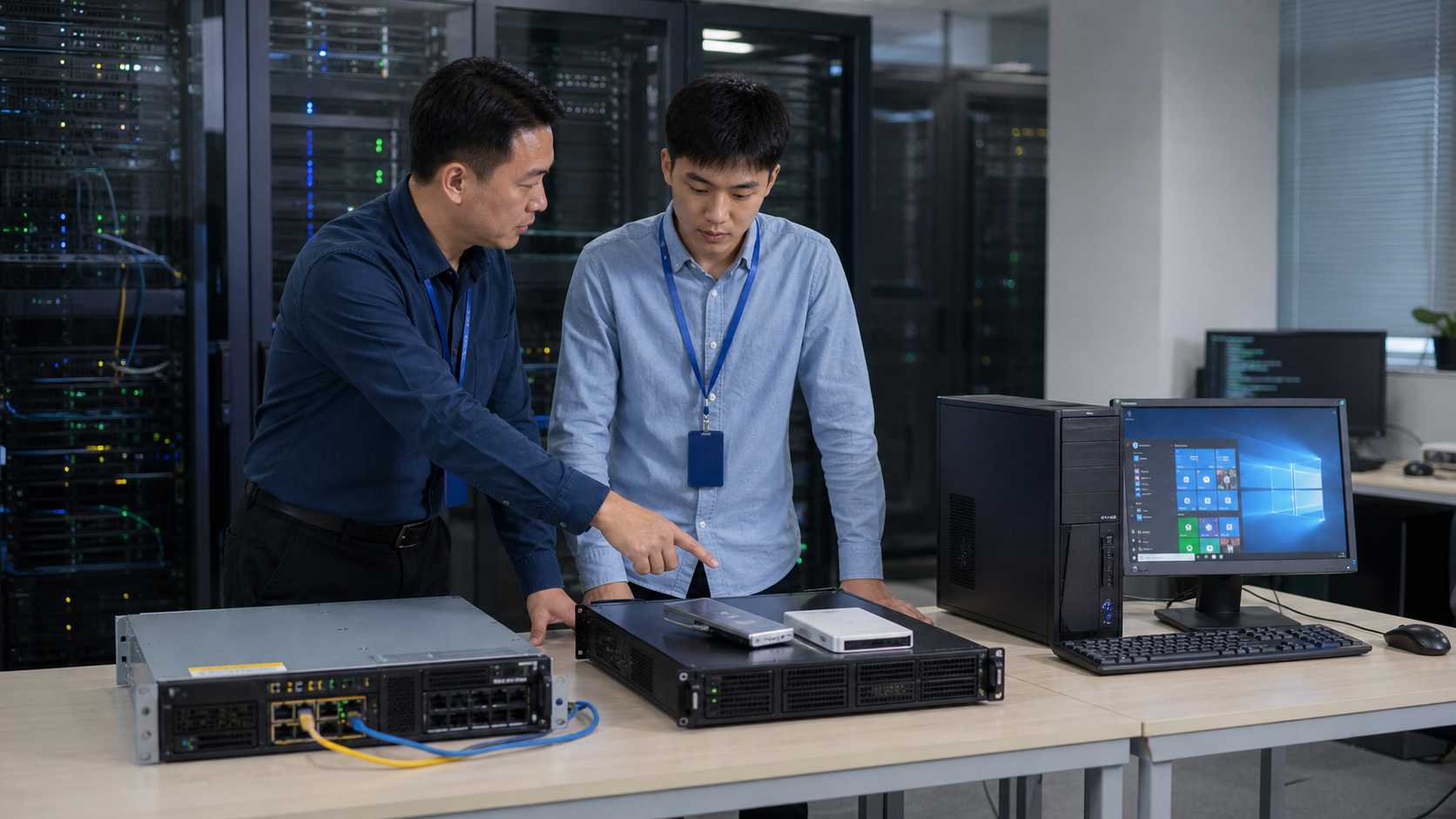 小张与运维主管在企业机房规划联网 Linux、隔离网络 Linux 和 Windows 三类 Docker 运行环境的部署路径