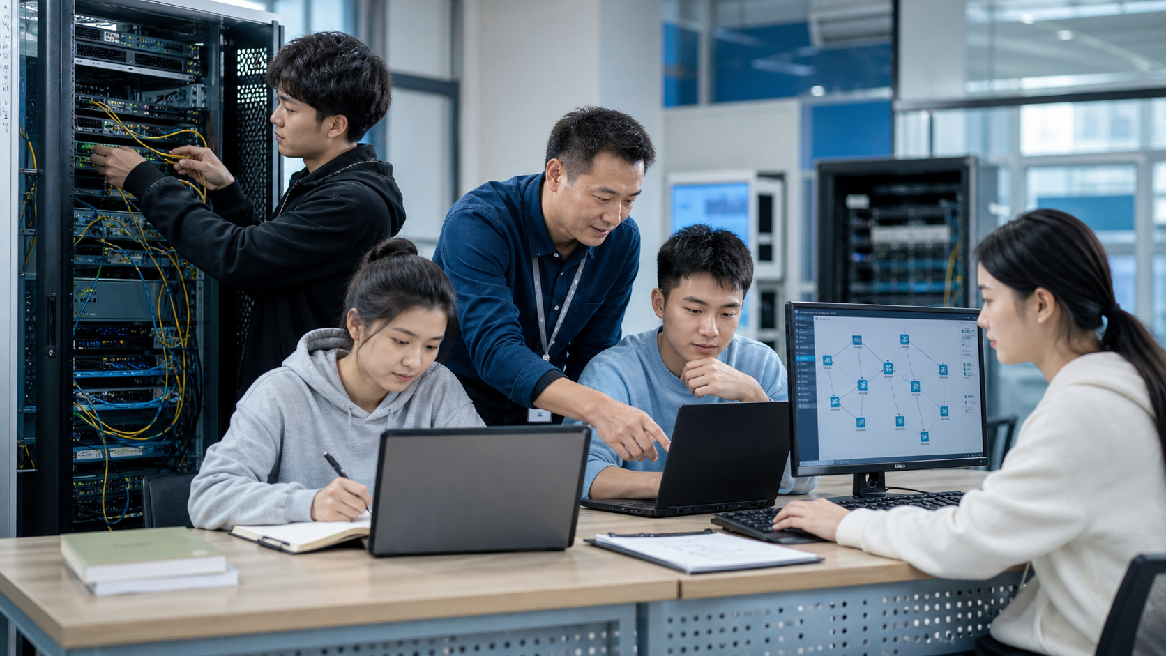 学生在教师指导下进行机房运维、在线学习、认证训练和网络拓扑设计，呈现专业实践课程的四种实施方式